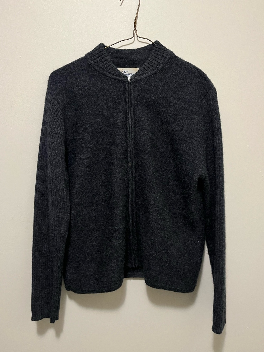 Vintage Tradition Country Collection 100% Wool Full Zip Sweater Grey Medium